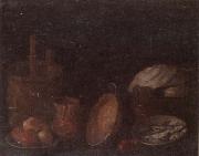 unknow artist Still life of apples and herring in bowls,a beaten copper jar,a pan and other kitchen implements oil on canvas